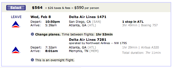 Screenshot showing a flight from San Diego to Memphis with a layover in Atlanta for $564