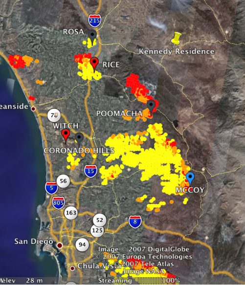 Satellite image of San Diego County, California showing a half dozen
  wildfires