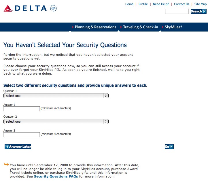 Screenshot of Delta Airlines website prompting to setup security
  questions