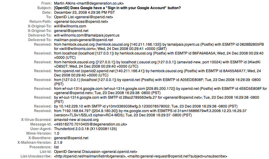 Screenshot of email message showing detailed SMTP headers