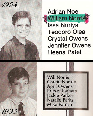 Yearbook photo from 1994 with name listed as 'William Norris', alongside yearbook
  photo from 1995 with name listed as 'Will Norris'