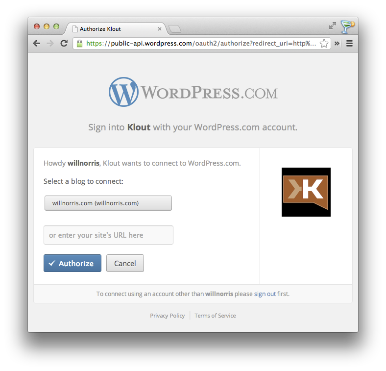 Screenshot of WordPress OAuth dialog, connecting to Klout