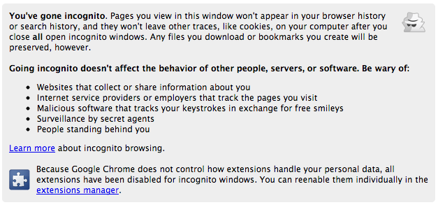 Screenshot of a Google Chrome incognito window, which includes the text: 'Be wary of
  surveillance by secret agents'