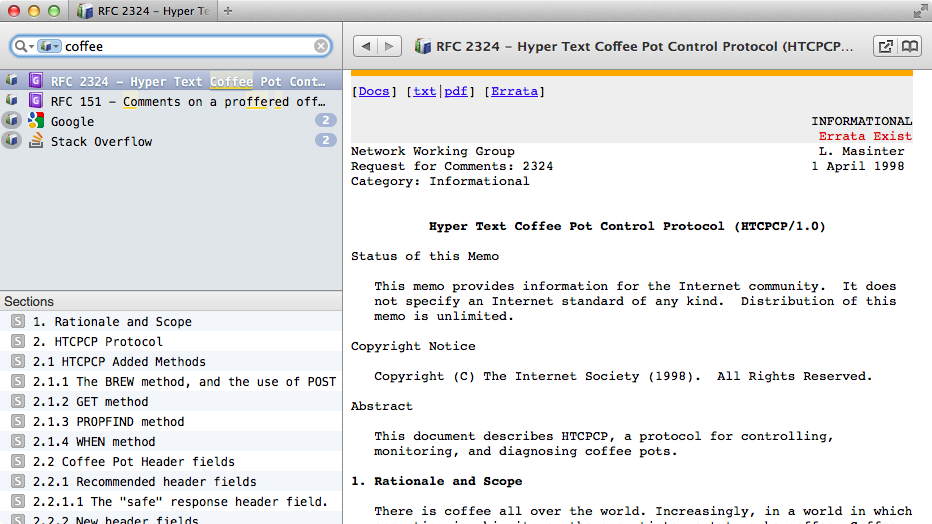 Screenshot of Dash application displaying 'RFC 2324 - Hyper Text Coffee Pot Control Protocol (HTCPCP/1.0)'