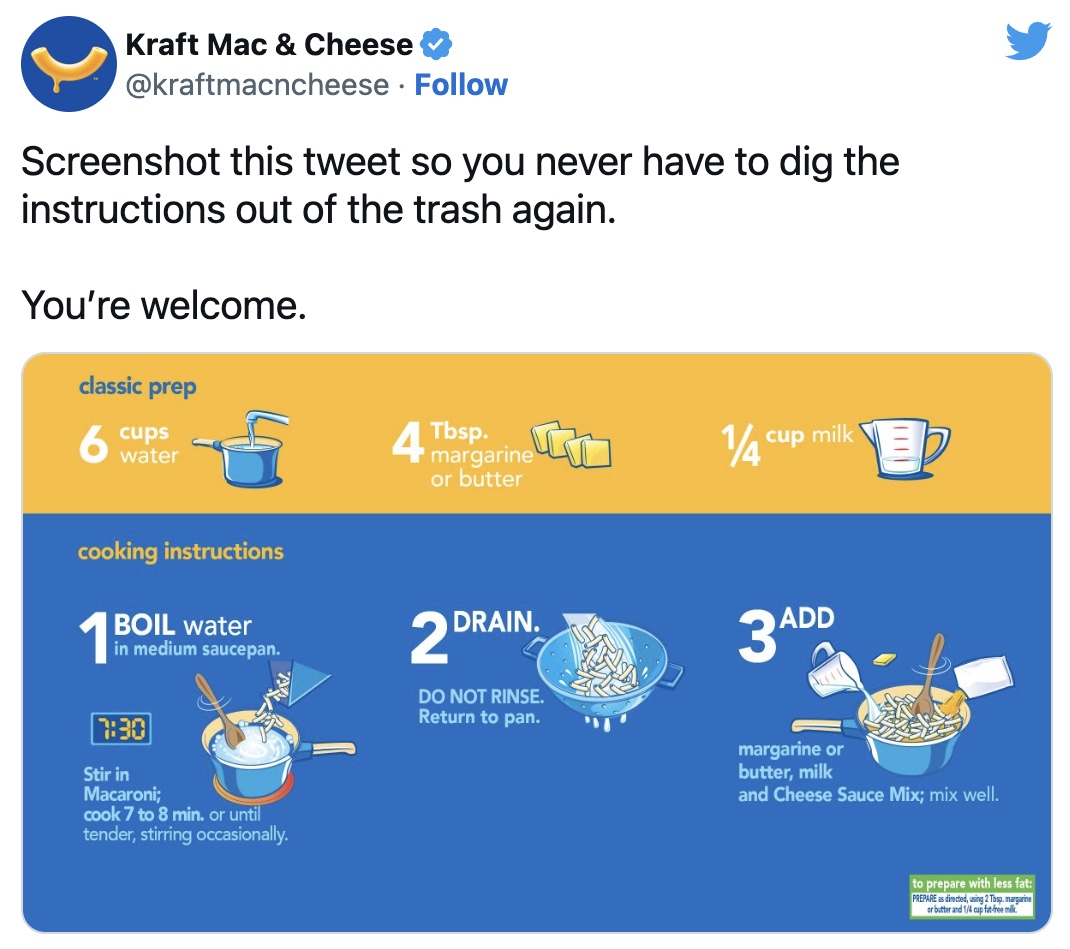Tweet from Kraft with instructions: boil water, drain cooked pasta, add milk butter and cheese mix