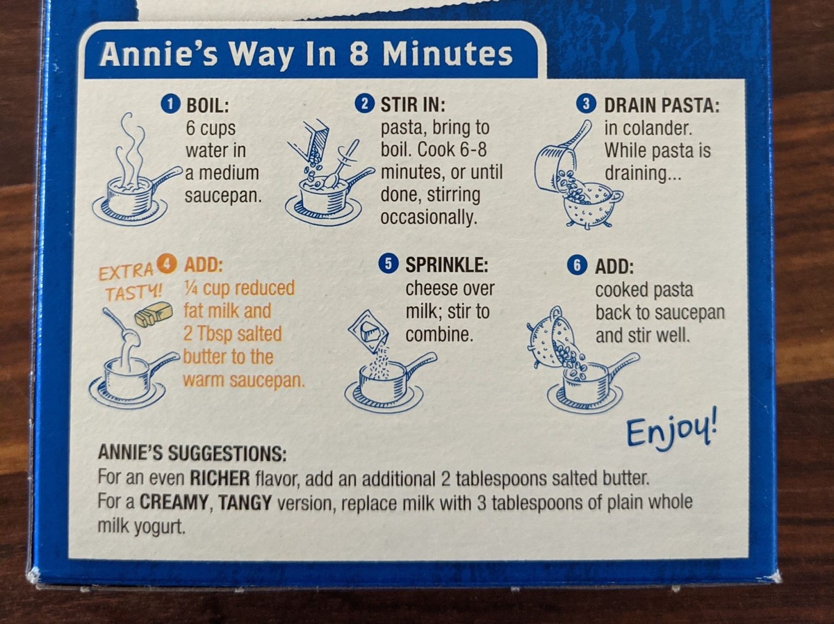 Annie's way in 8 minutes: cook and drain pasta; combine milk, cheese, and cheese packet in saucepan; add cooked pasta to saucepan and stir